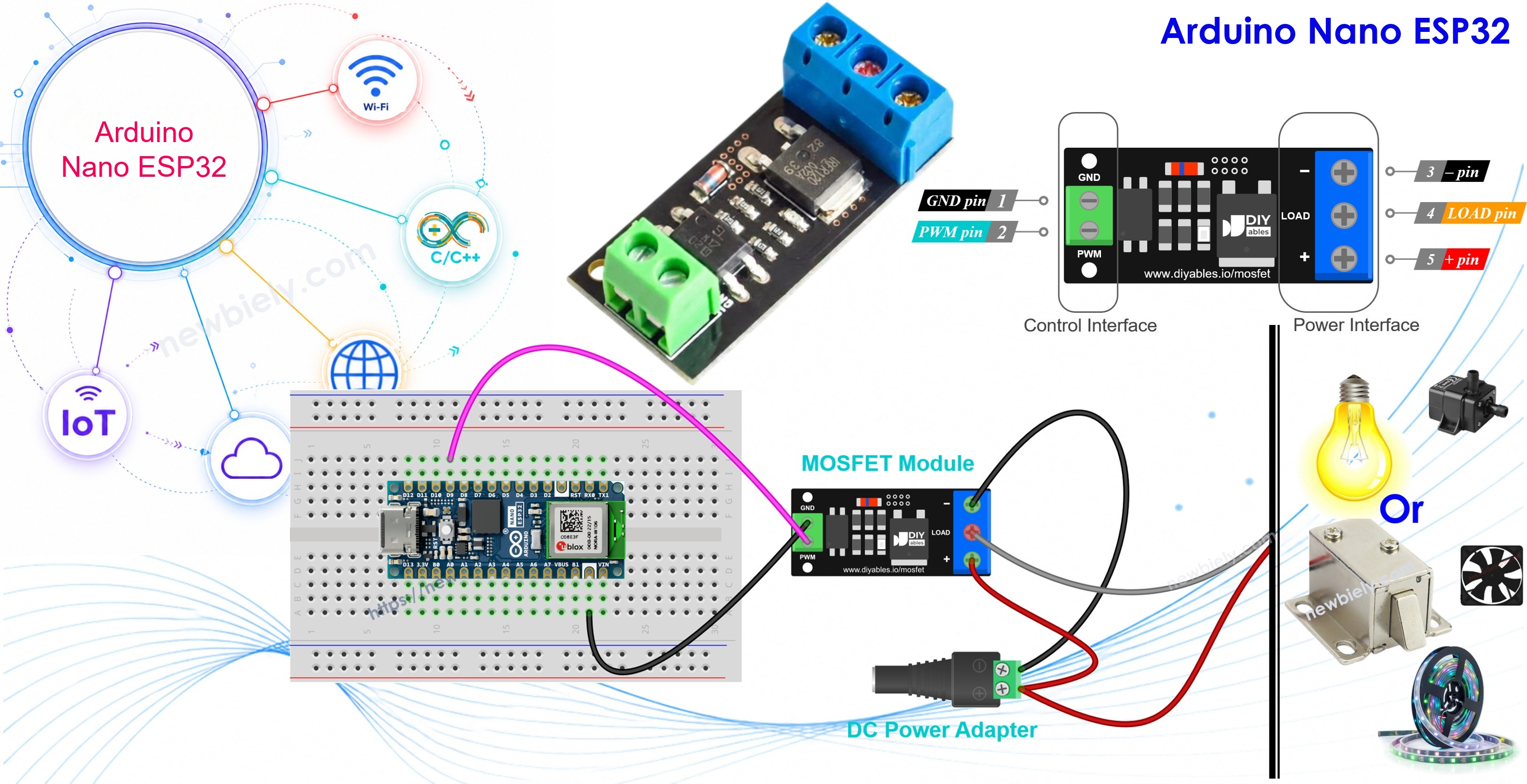 Arduino Nano ESP32 e módulo MOSFET AOD4184, LR7843 ou FR120N