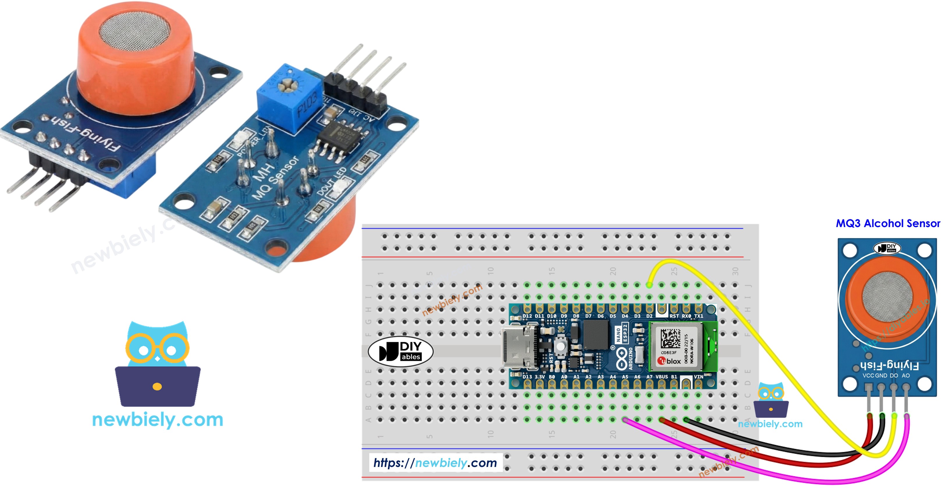 Arduino Nano ESP32 com módulo sensor de gás de álcool MQ3
