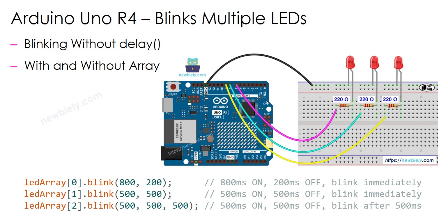 Arduino UNO R4 piscar vários LEDs