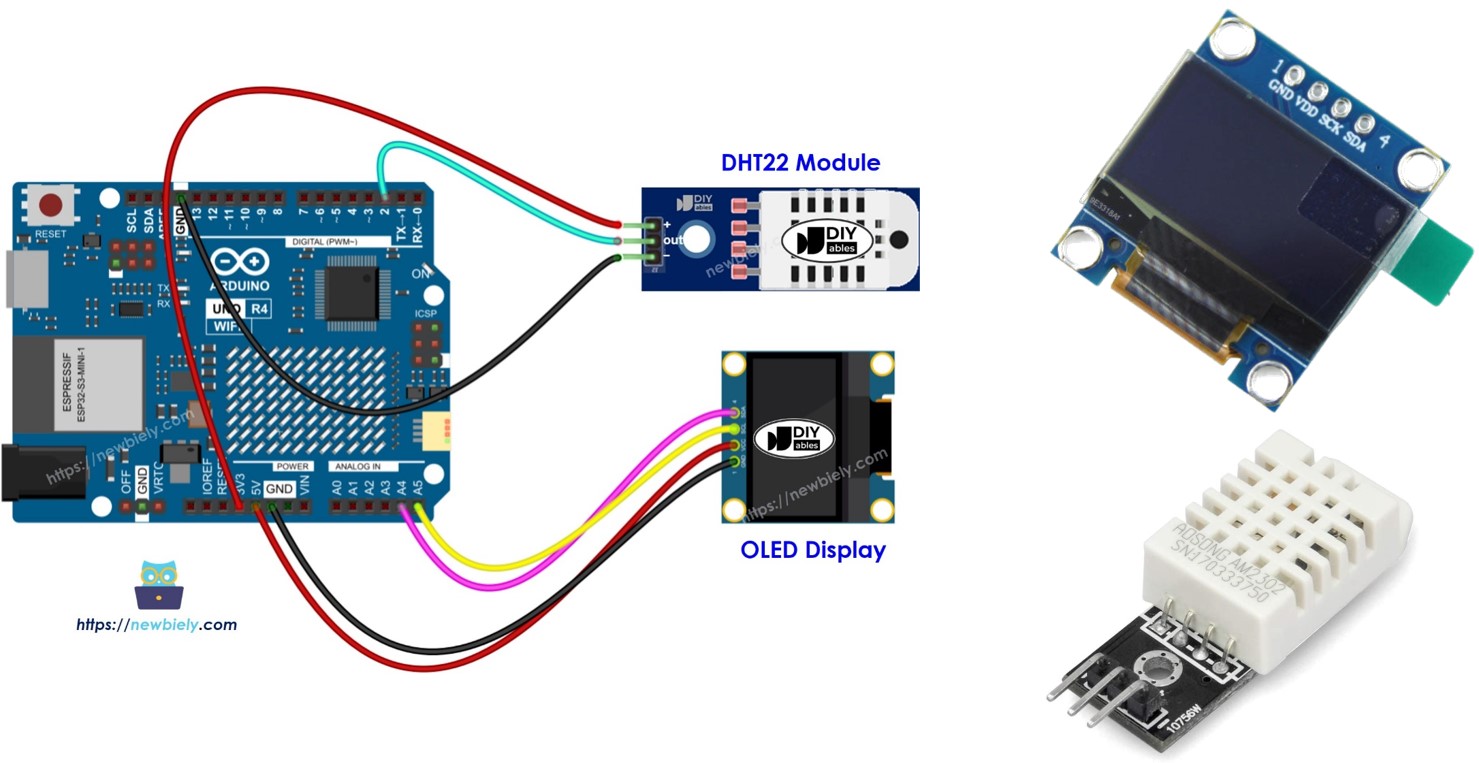 Módulo sensor de temperatura e umidade DHT22 com tela OLED no Arduino UNO R4