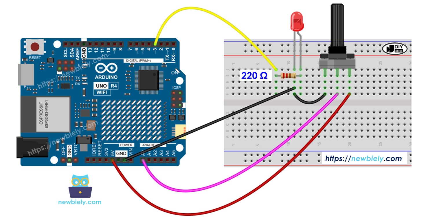 Arduino UNO R4 potenciômetro com fade de LED