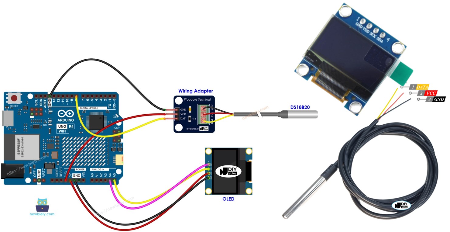 Arduino UNO R4 com sensor de temperatura DS18B20 e OLED