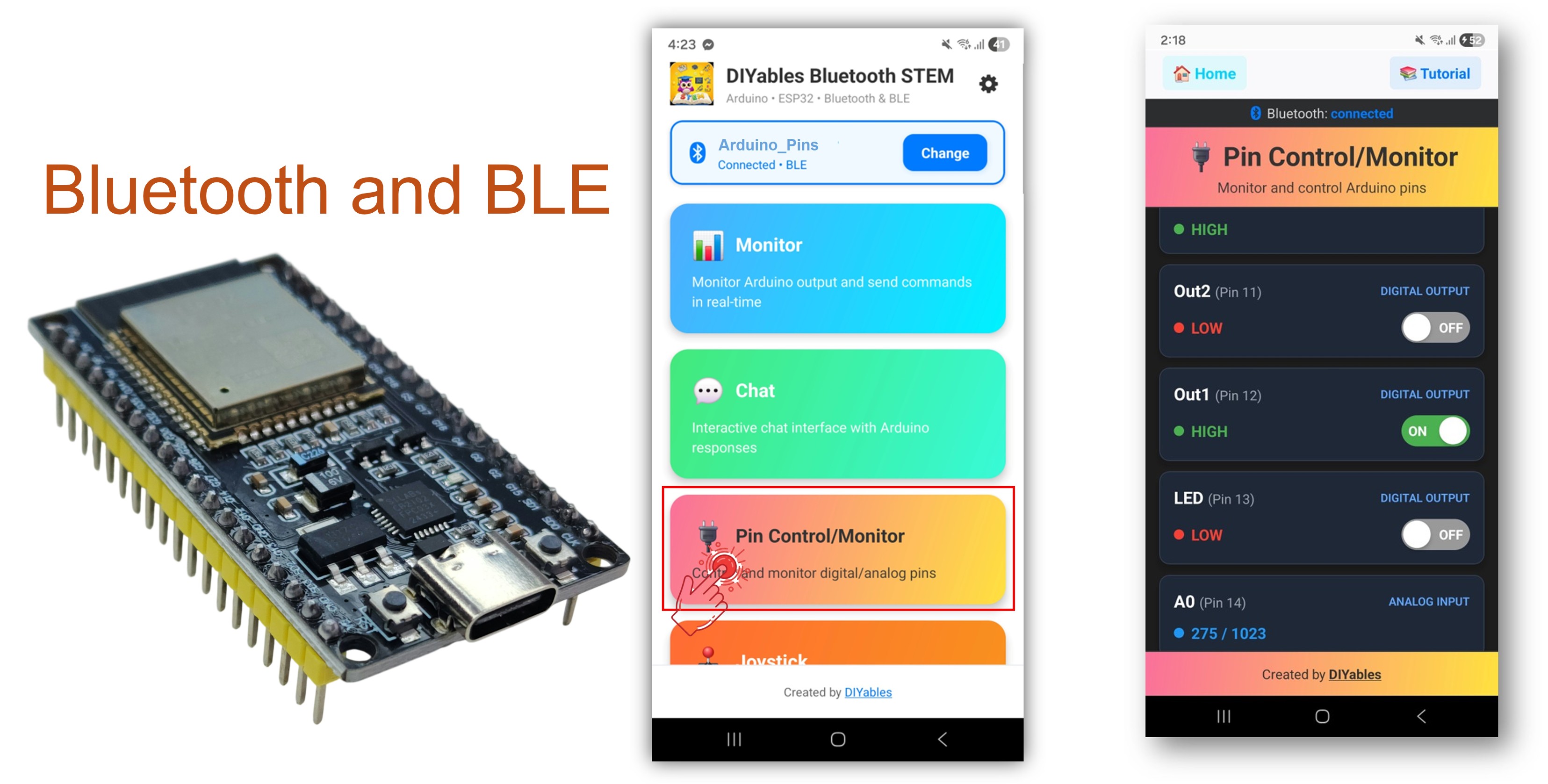 Exemplo Bluetooth Digital Pins com ESP32 - Tutorial de Interface de Controle e Monitoramento de Pinos