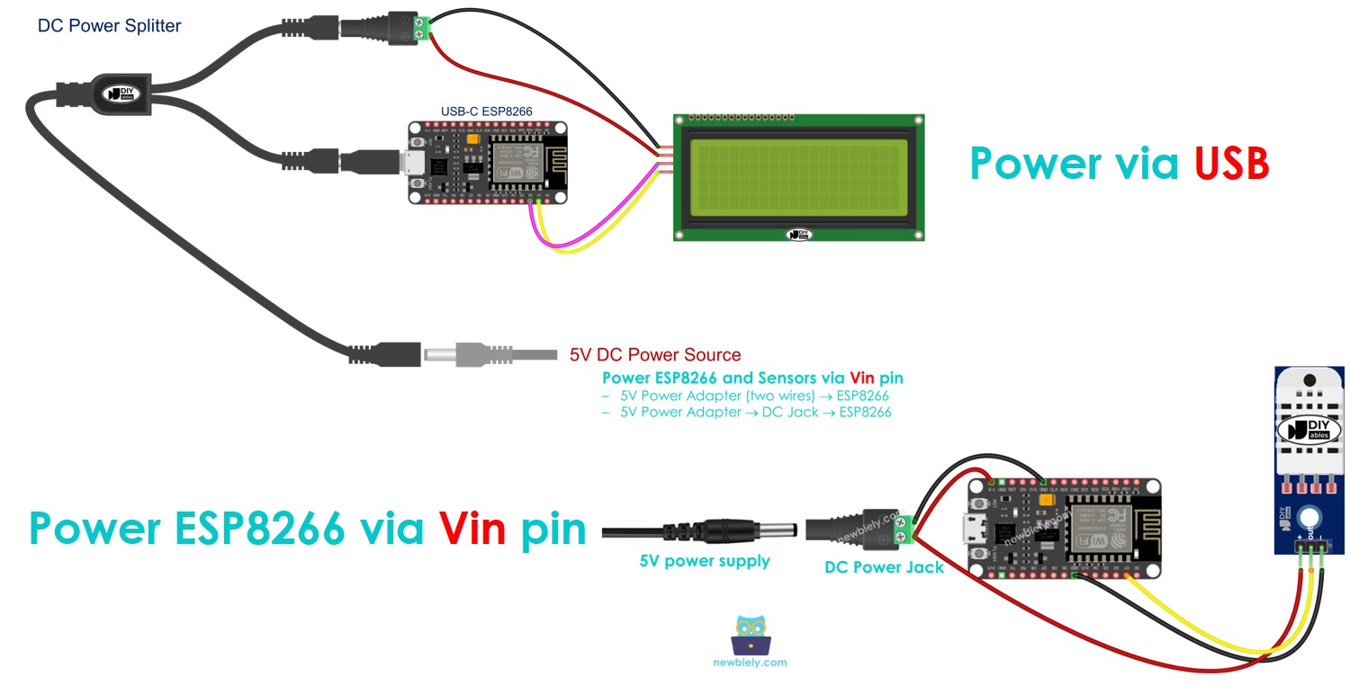como alimentar o ESP8266 NodeMCU e os sensores