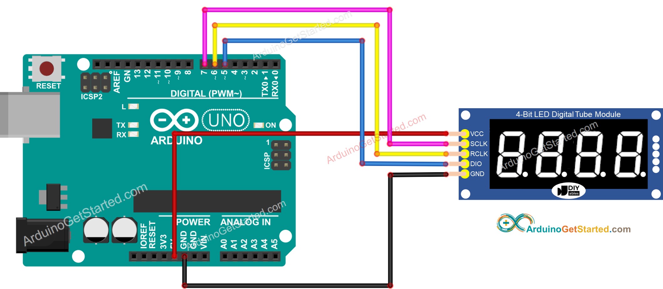 Diagrama de ligação do Arduino com Display de 7 Segmentos de 4 Dígitos 74HC595