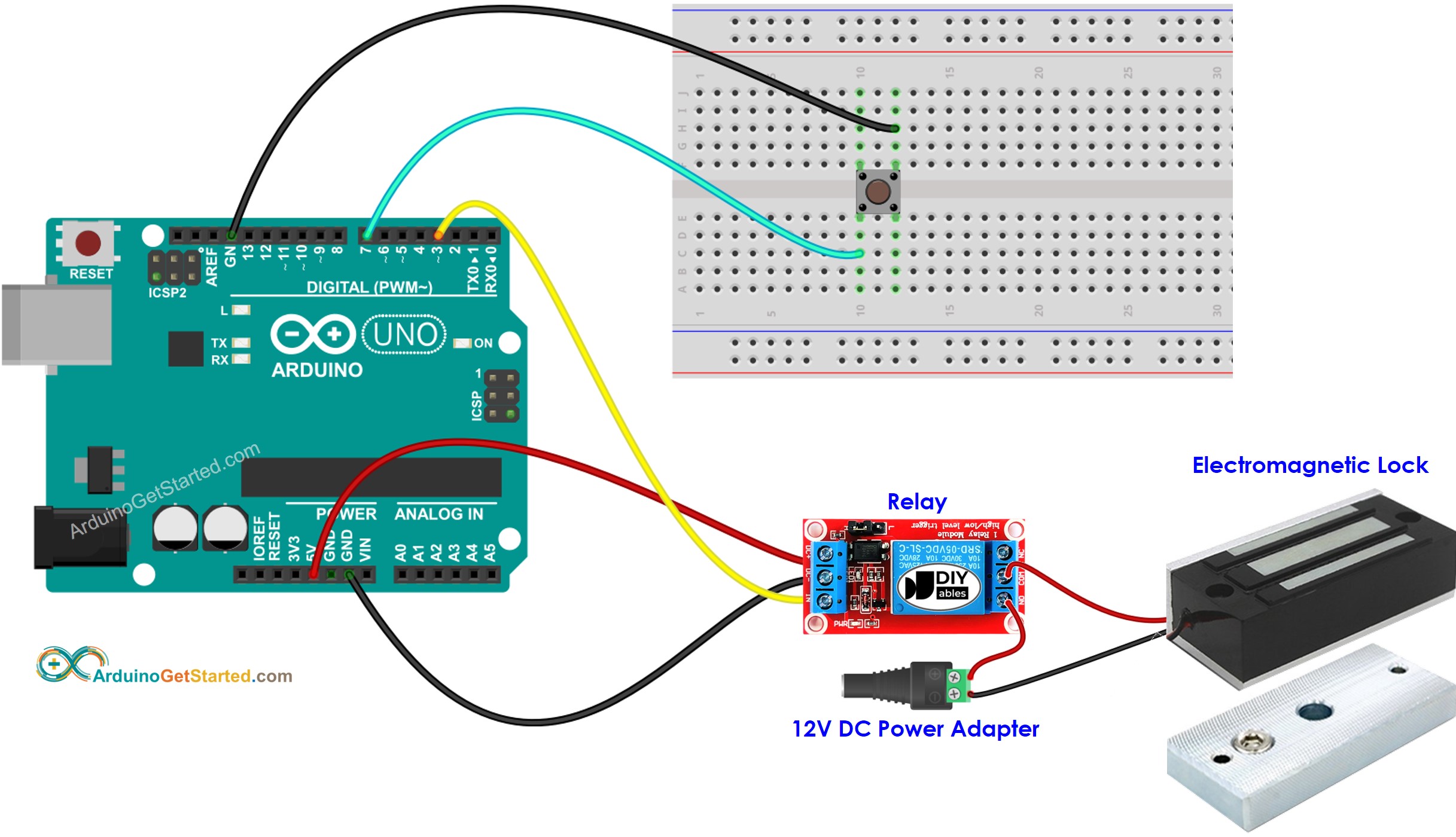 Diagrama de Ligação do Botão e Fechadura Eletromagnética com Arduino