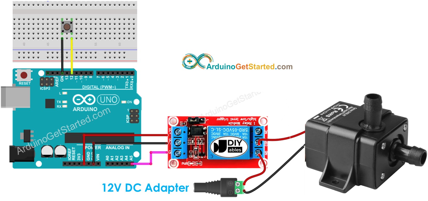 Diagrama de ligação do Arduino com botão controlando a bomba