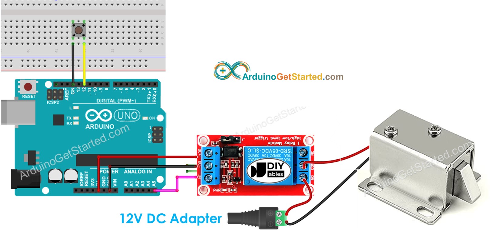 Diagrama de Ligação do Botão e Fechadura Solenoide com Arduino