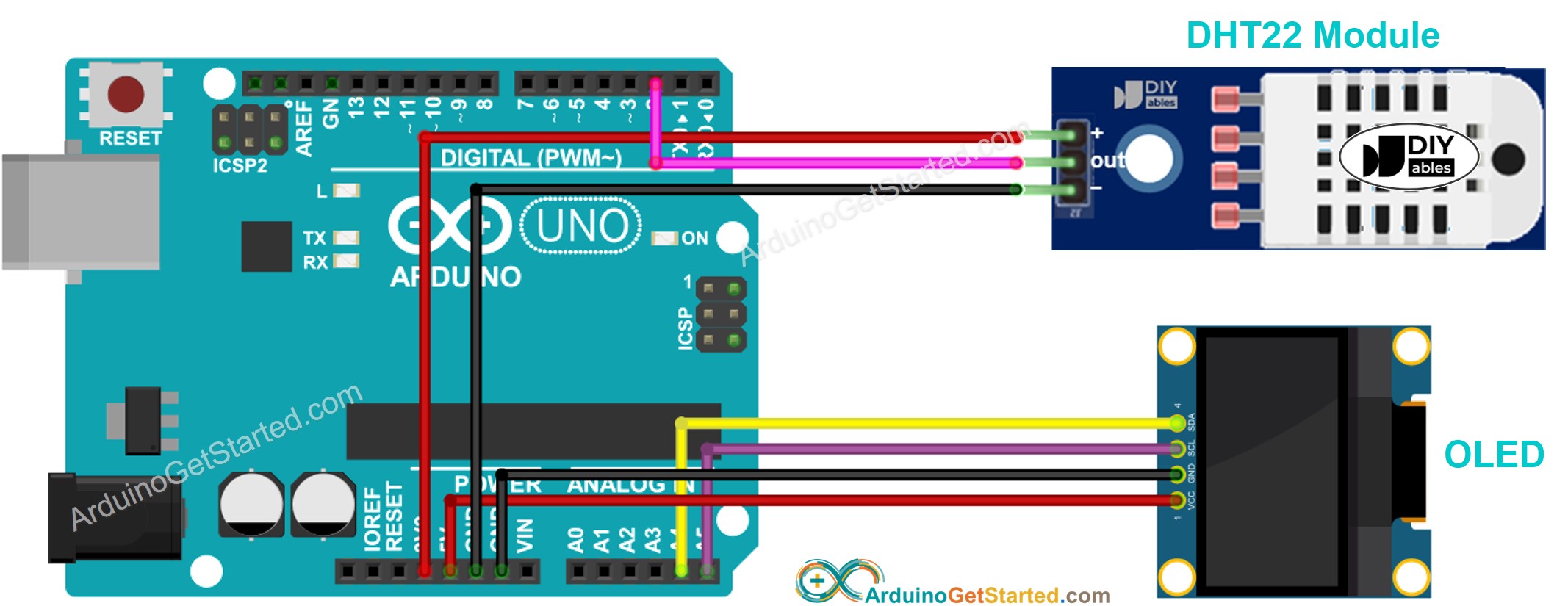 Diagrama de ligação do Arduino com sensor DHT22 e OLED