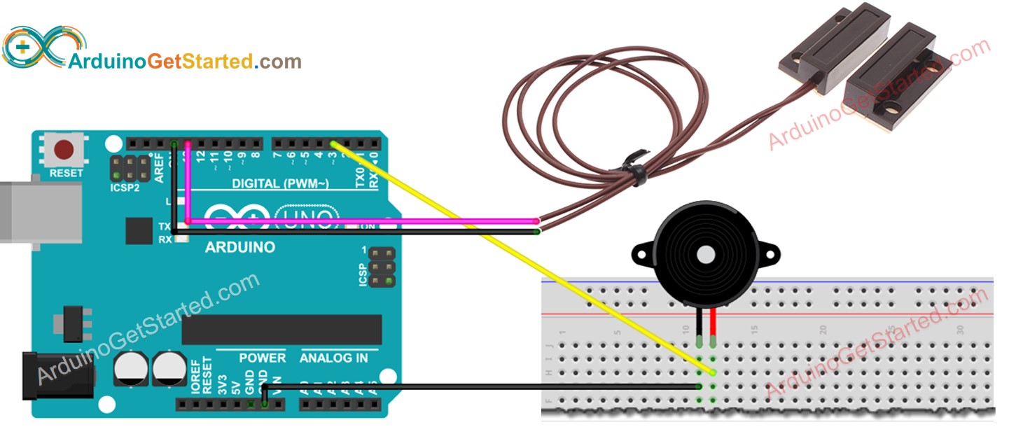 Diagrama de Ligação do Sensor de Porta e Buzzer Piezo com Arduino