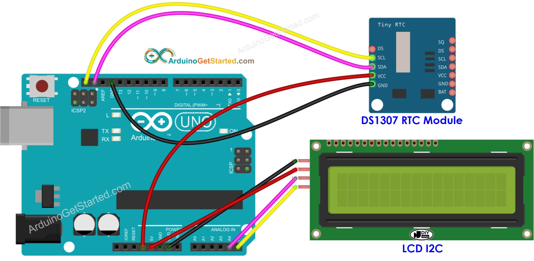 Diagrama de Ligação do Arduino com DS1307 e LCD
