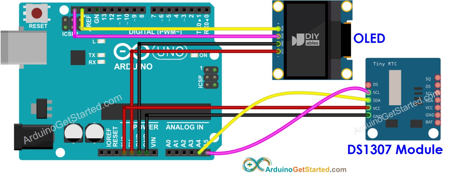 Diagrama de Ligação do Arduino com DS1307 e OLED