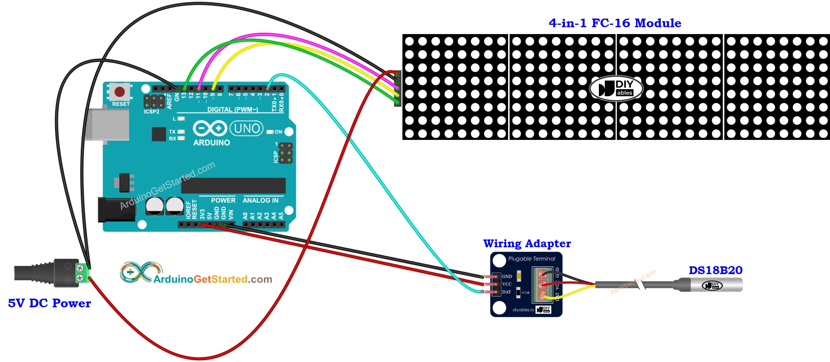 Diagrama de Ligação do Arduino com Sensor de Temperatura DS18B20 e Matriz de LED