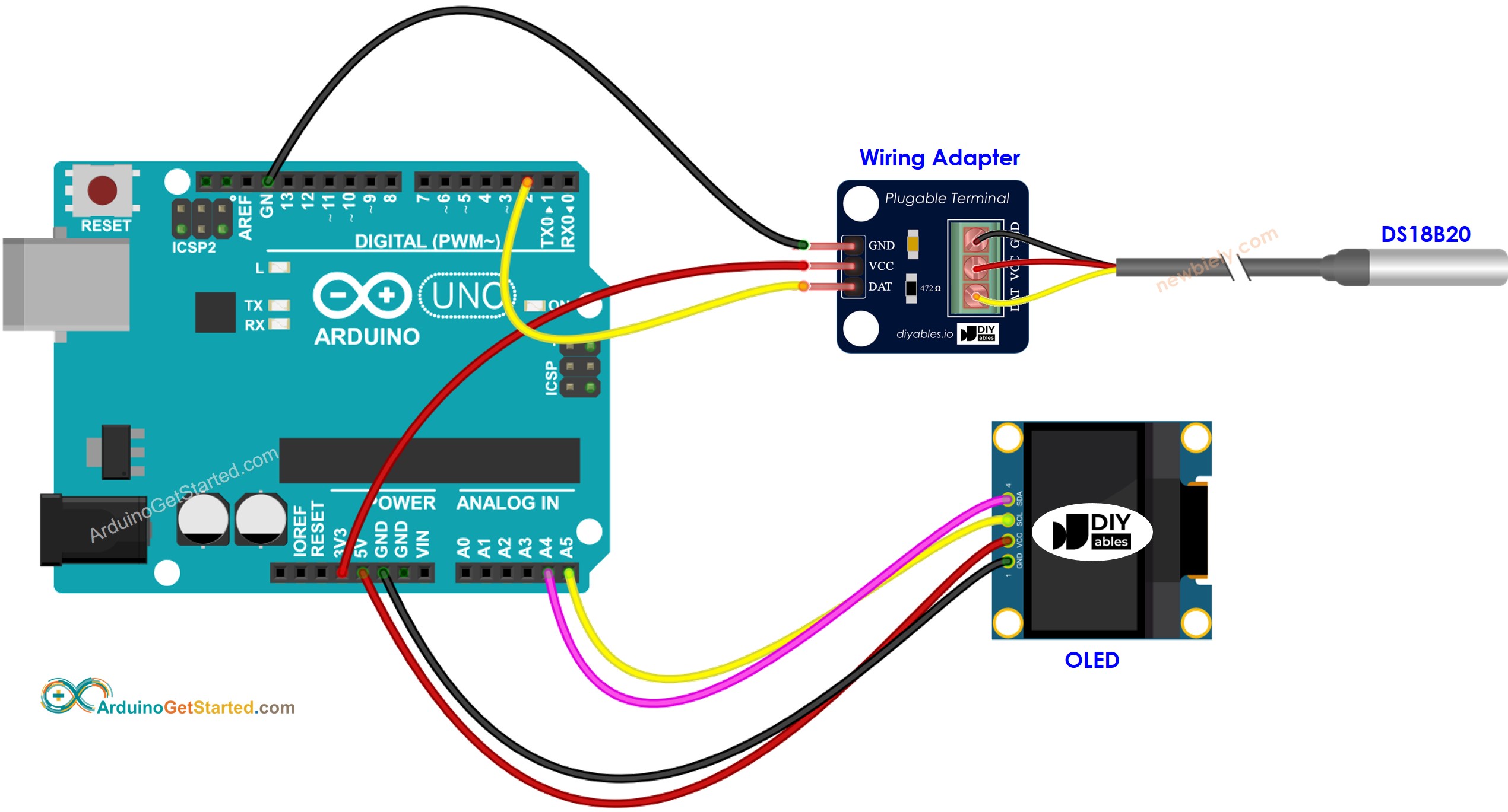 Diagrama de Ligação do Arduino com Sensor de Temperatura DS18B20 e OLED