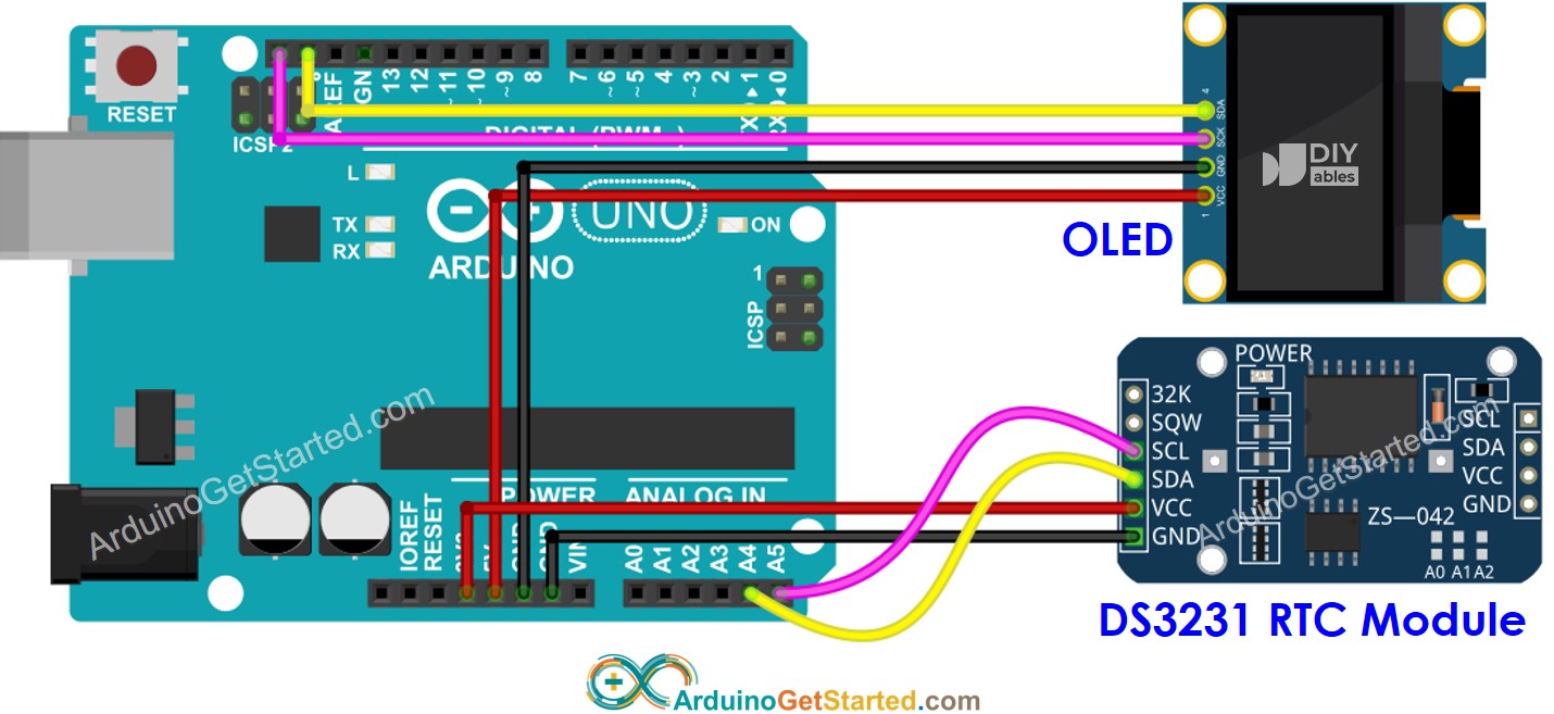 Diagrama de Ligação do Arduino com DS3231 e OLED
