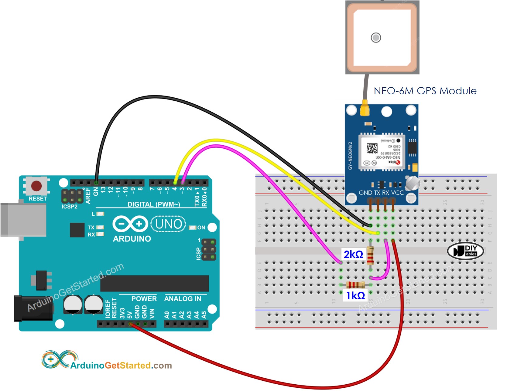 Diagrama de Ligação do Arduino com módulo GPS e divisor de tensão