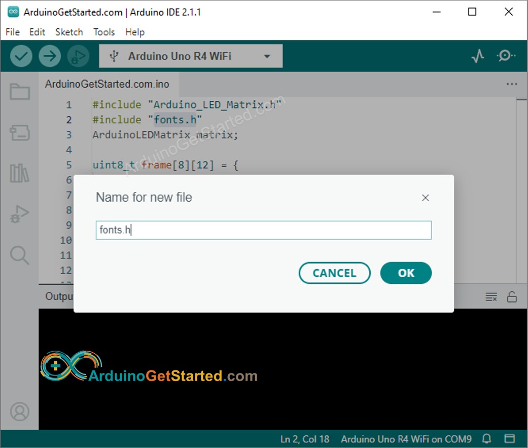 Arduino IDE 2 adicionando o arquivo fonts.h