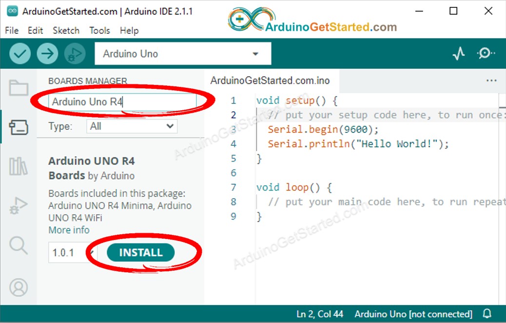 Boards Manager da Arduino IDE 2 com Arduino Uno R4
