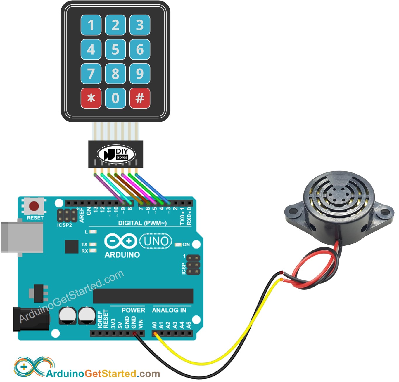Diagrama de ligação do Arduino com teclado e buzzer