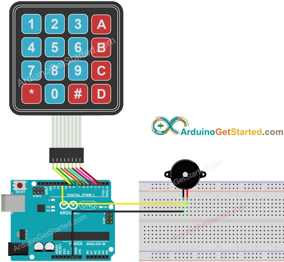 Diagrama de ligação do Arduino com teclado e buzzer piezo