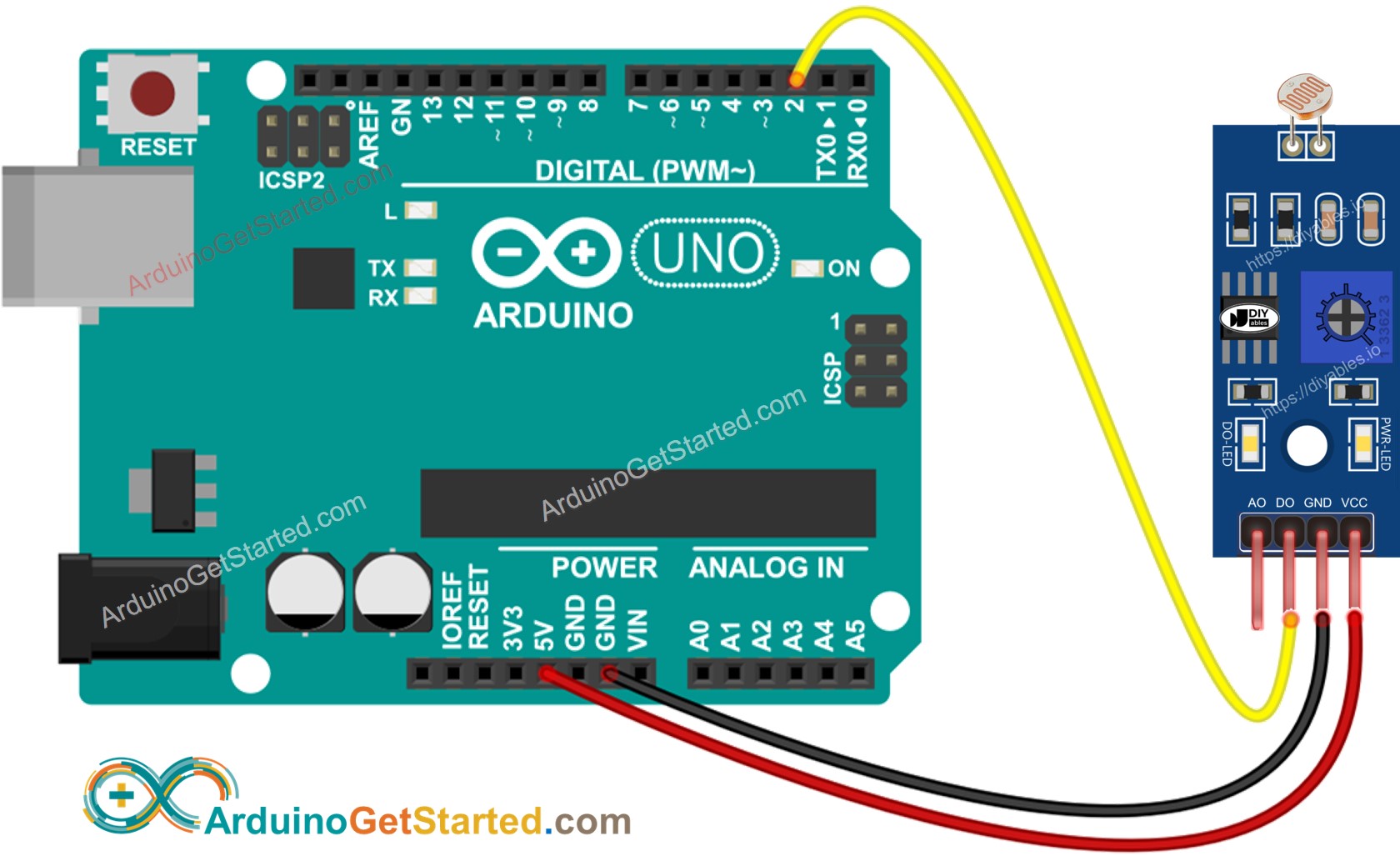 Diagrama de ligação do Arduino com Módulo Sensor de Luz LDR