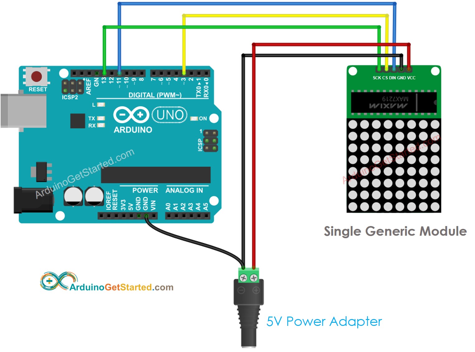 Diagrama de ligação do Arduino com matriz de LED 8x8 genérica
