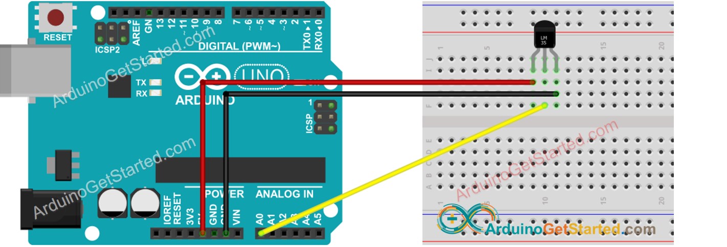 Diagrama de ligação do Arduino com o sensor de temperatura LM35