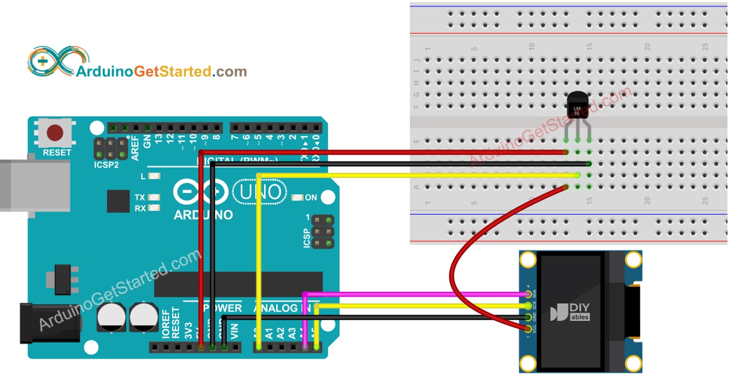 Diagrama de Ligação do Arduino com Sensor de Temperatura LM35 e OLED
