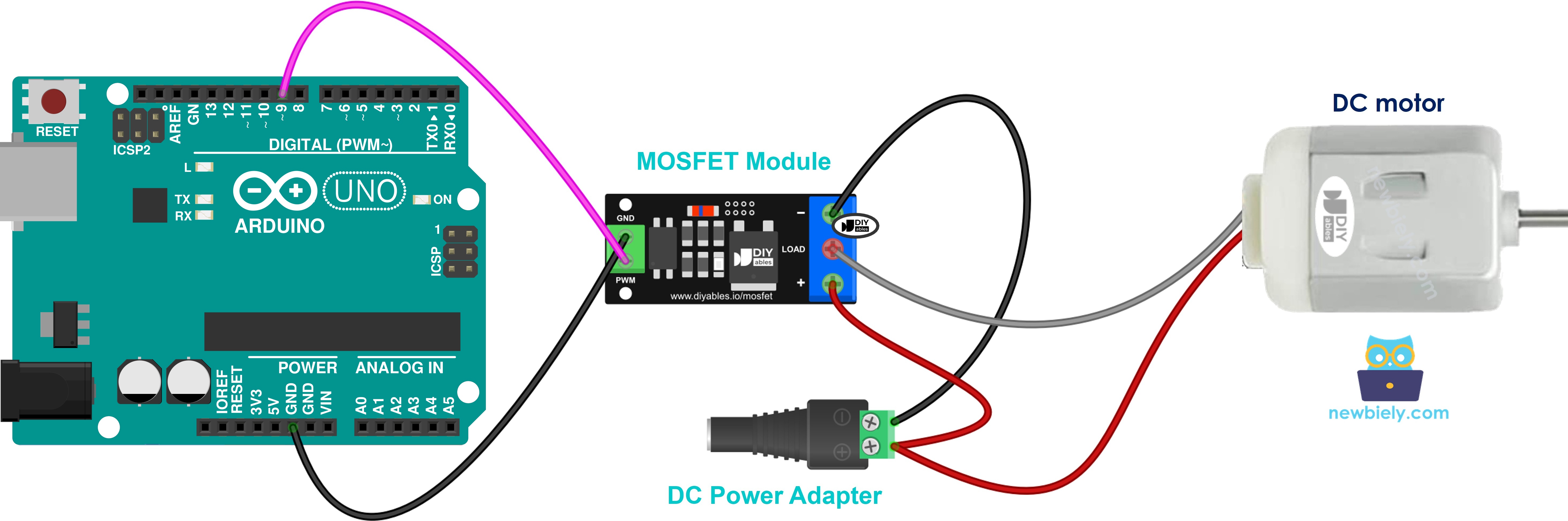 Ligação do módulo MOSFET com motor DC de 12V