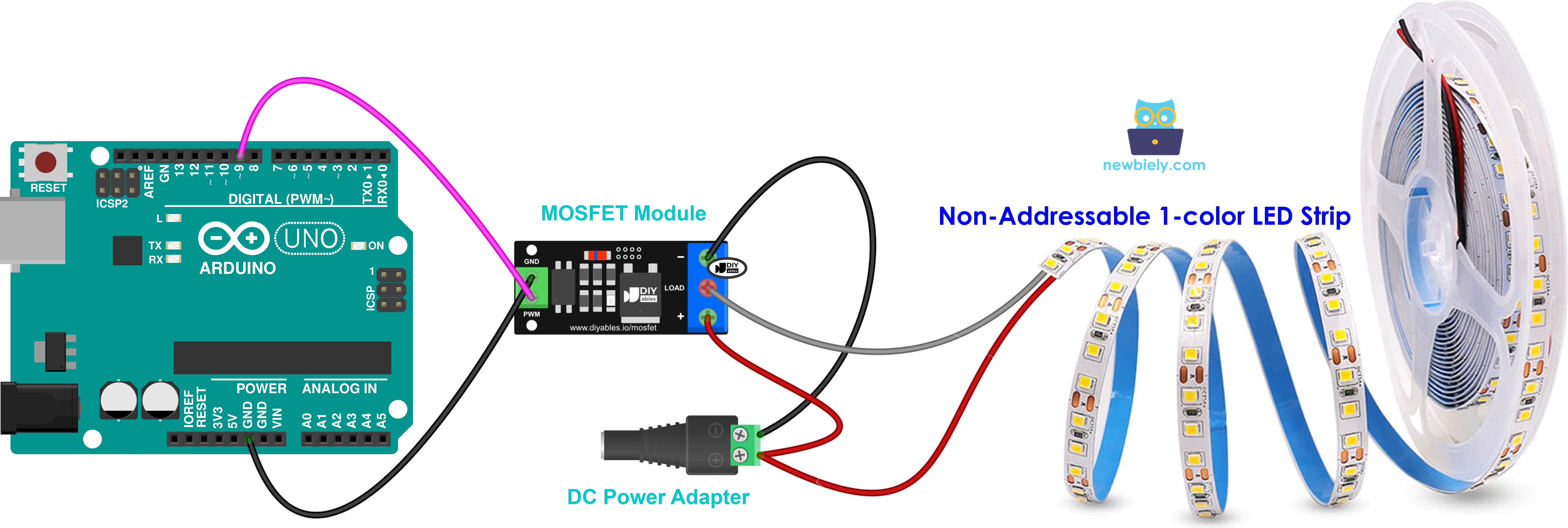 Fita LED de 12V de cor única ligada a um módulo MOSFET