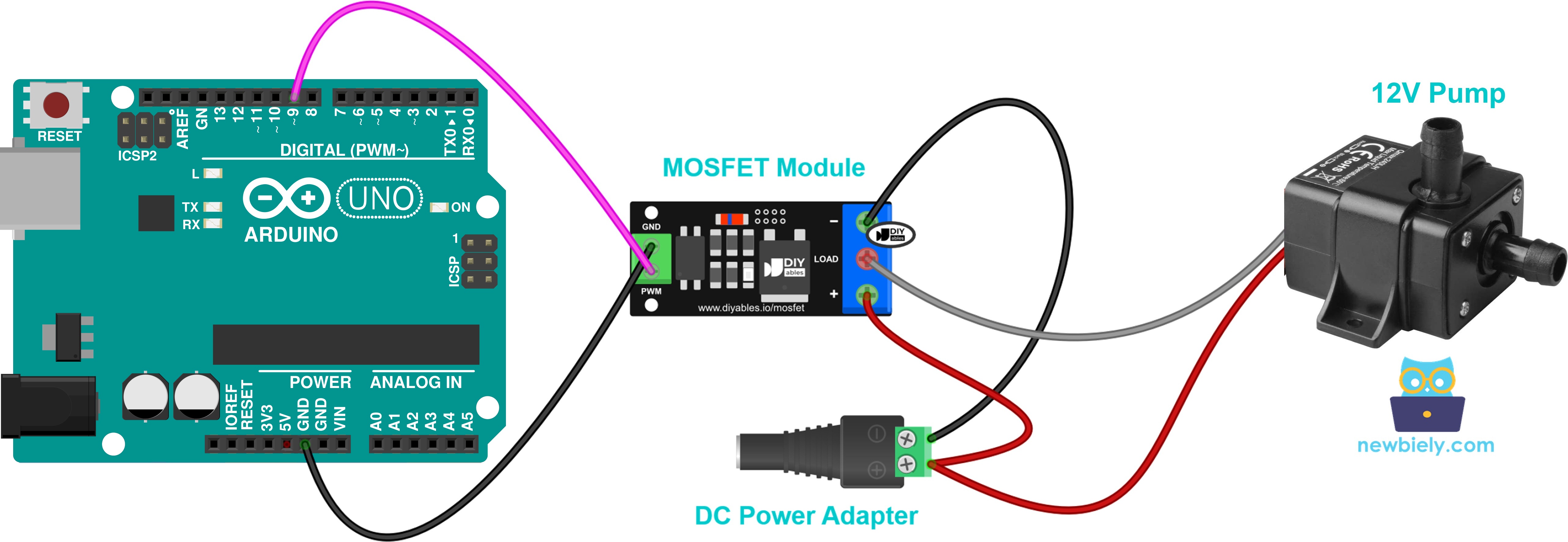 Ligação de uma bomba d'água de 12V ao módulo MOSFET