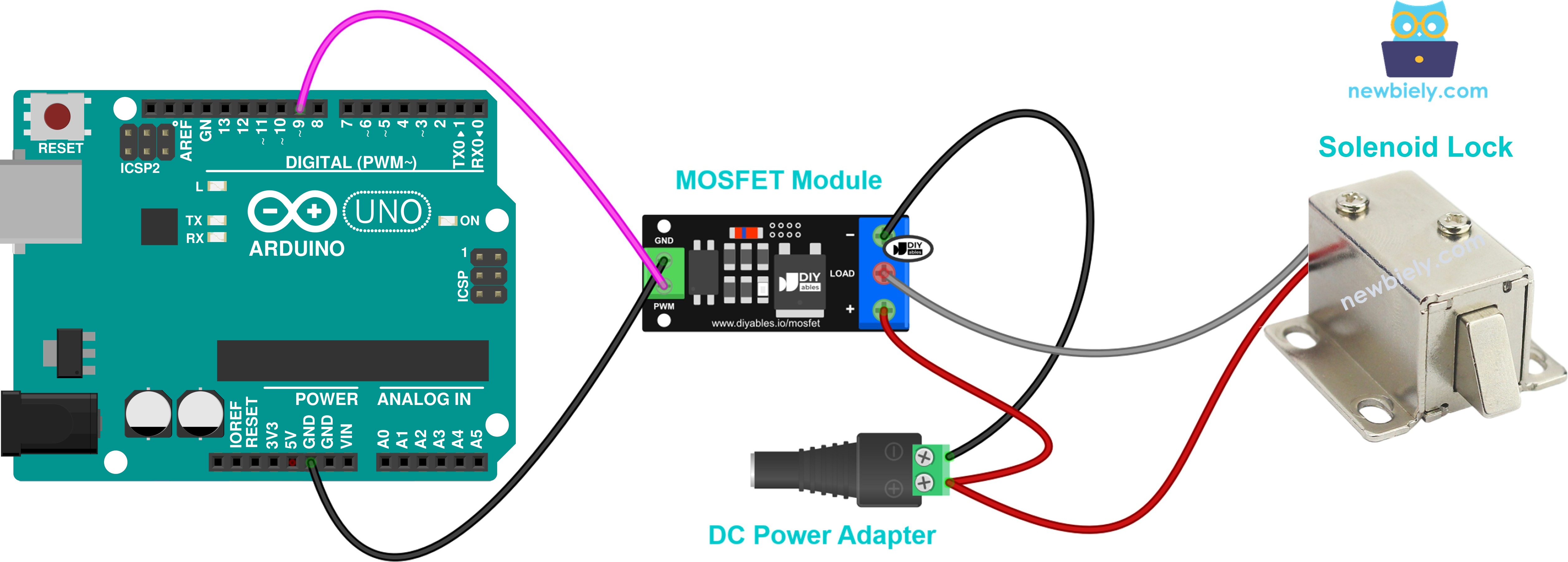 Diagrama de ligação da fechadura solenoide com módulo MOSFET