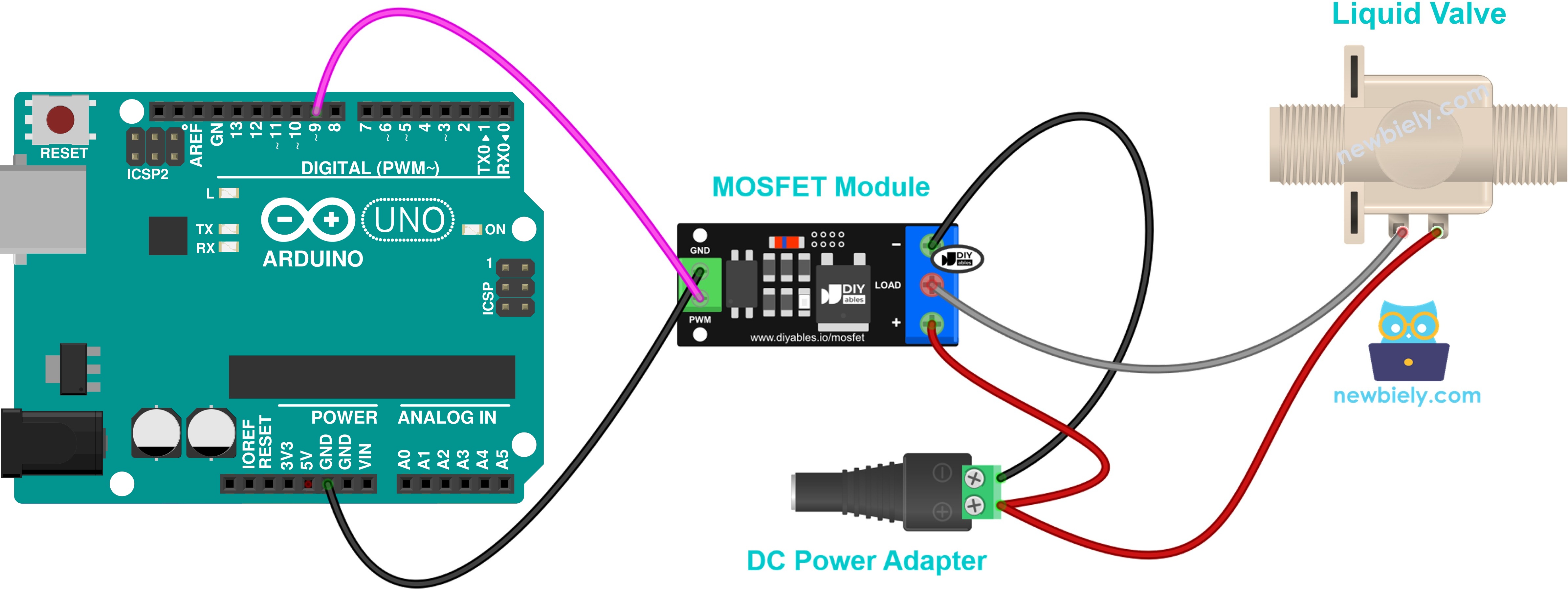 Ligação da válvula solenoide de 12V normalmente fechada com o módulo MOSFET