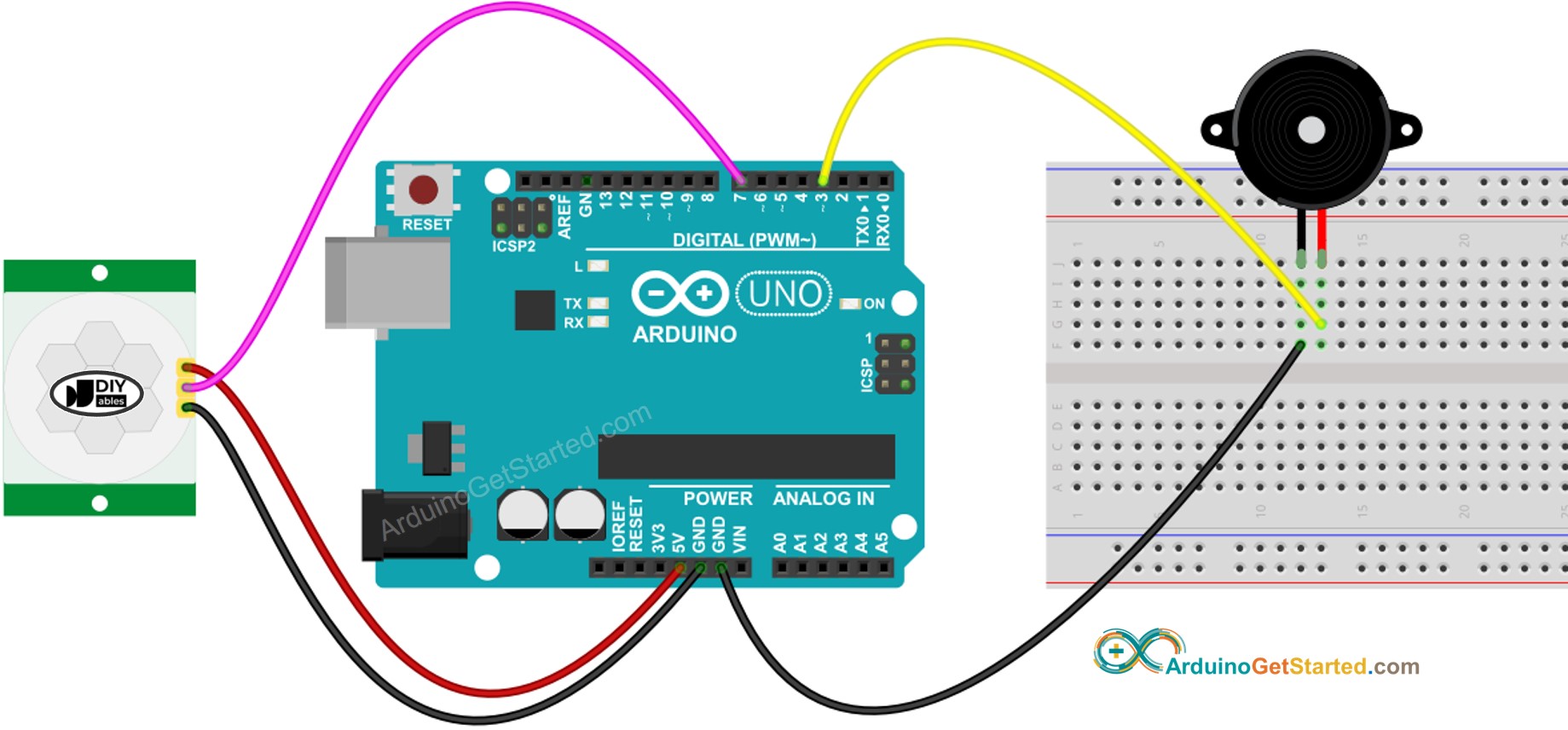 Diagrama de Ligação Arduino Sensor de Movimento Buzzer Piezo