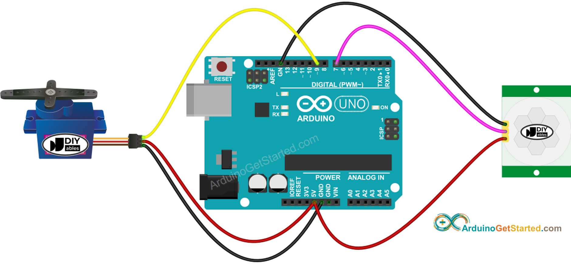 Diagrama de ligação do Arduino com sensor de movimento e servo motor