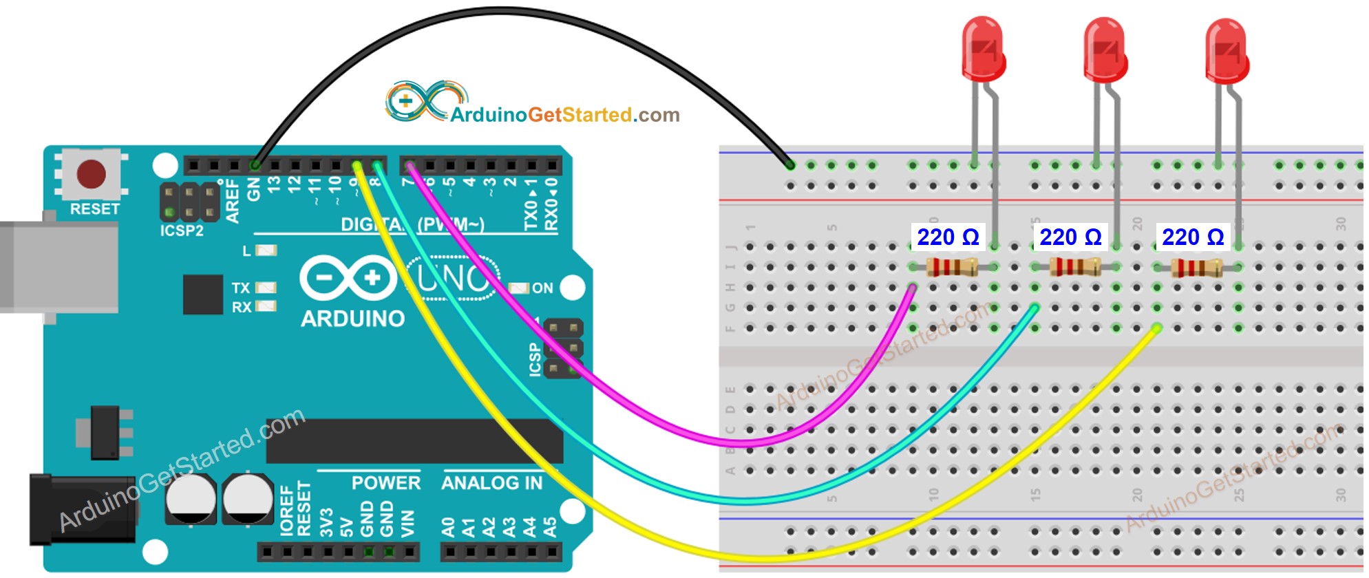 Diagrama de ligação de vários LEDs com Arduino