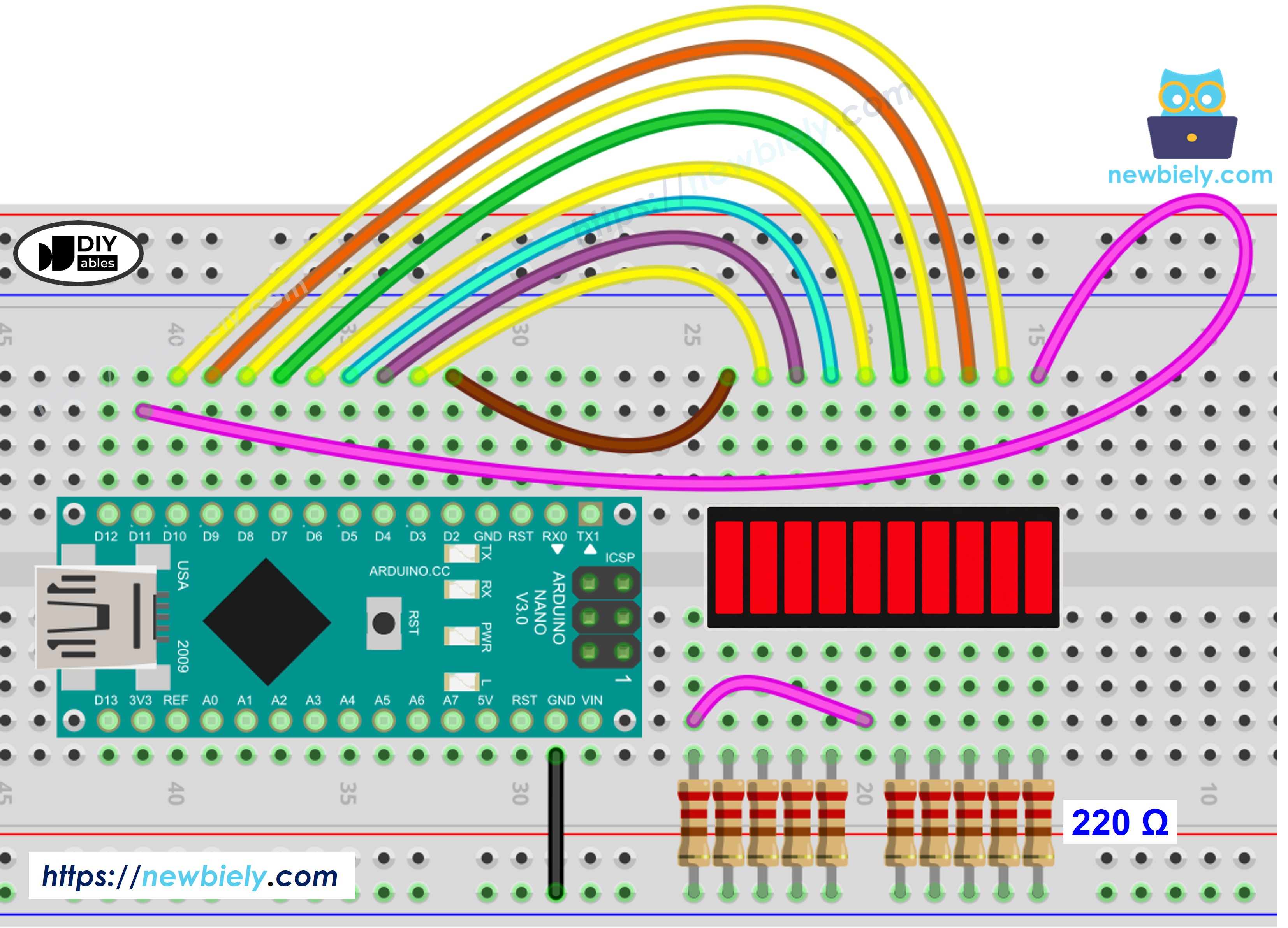 Diagrama de Ligação do Arduino Nano com a Barra de LED de 10 Segmentos