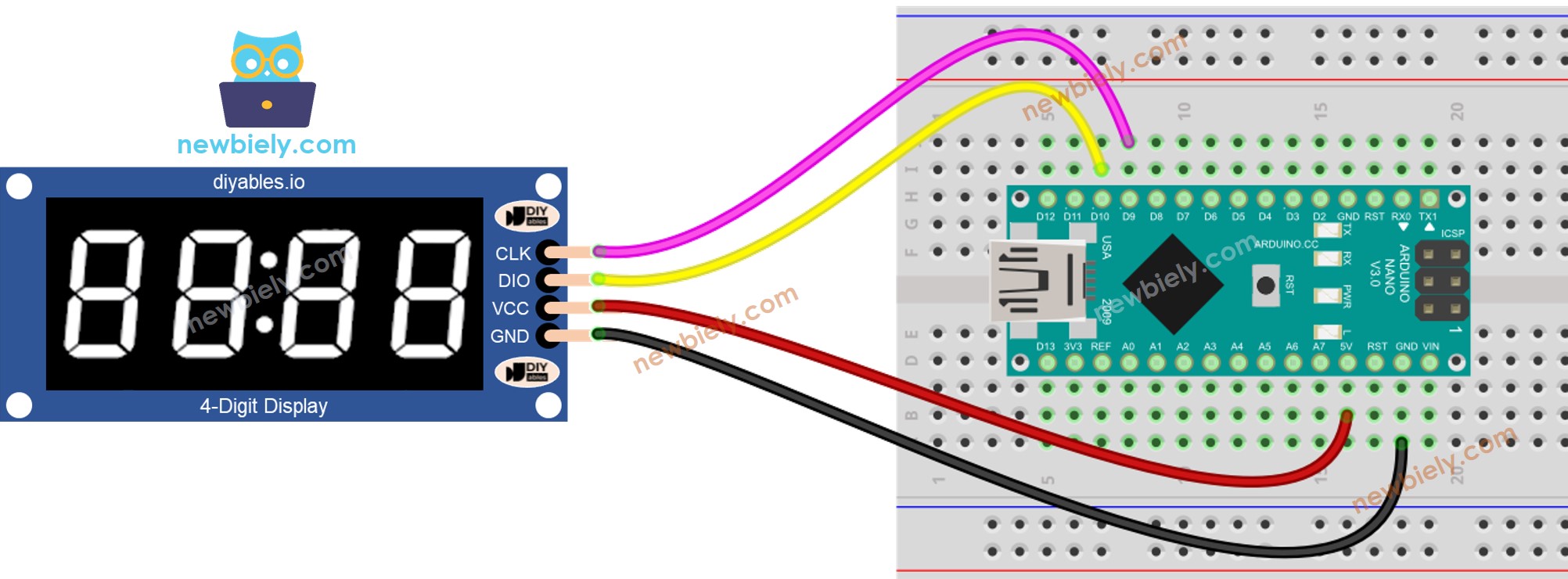 Diagrama de ligação do display de 7 segmentos e 4 dígitos com TM1637 e Arduino Nano