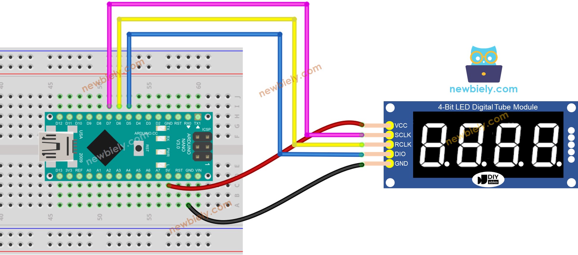 Diagrama de ligação do display de 7 segmentos e 4 dígitos com 74HC595 e Arduino Nano