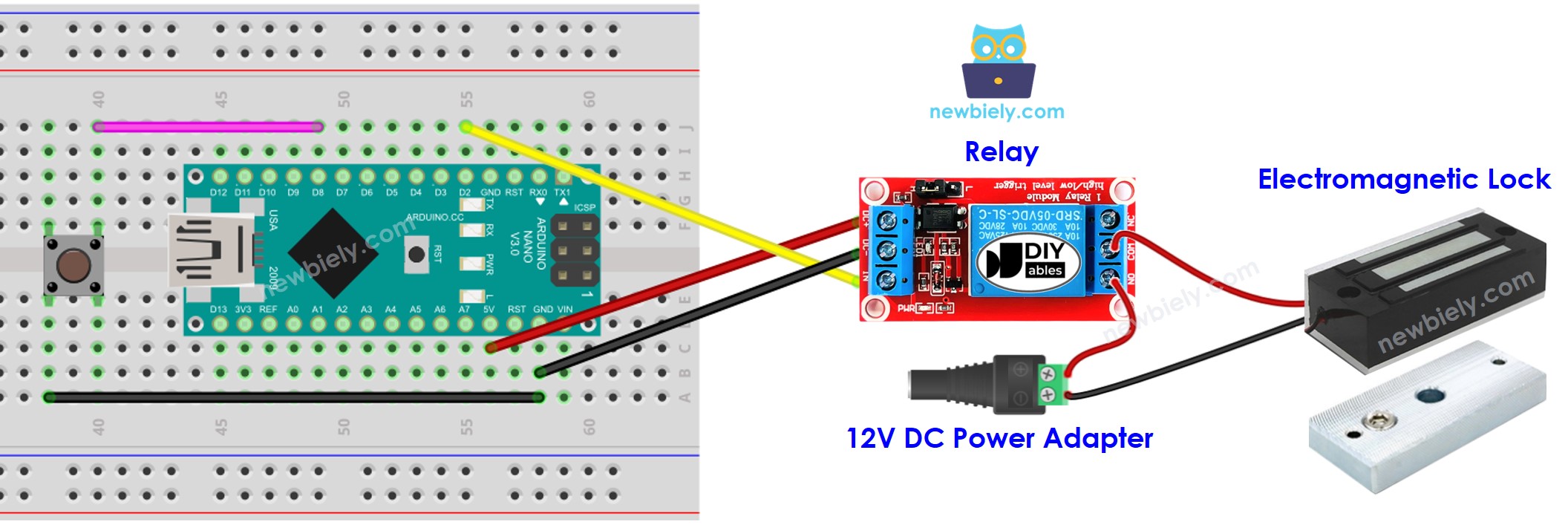 The wiring diagram between Arduino Nano and Button Electromagnetic Lock