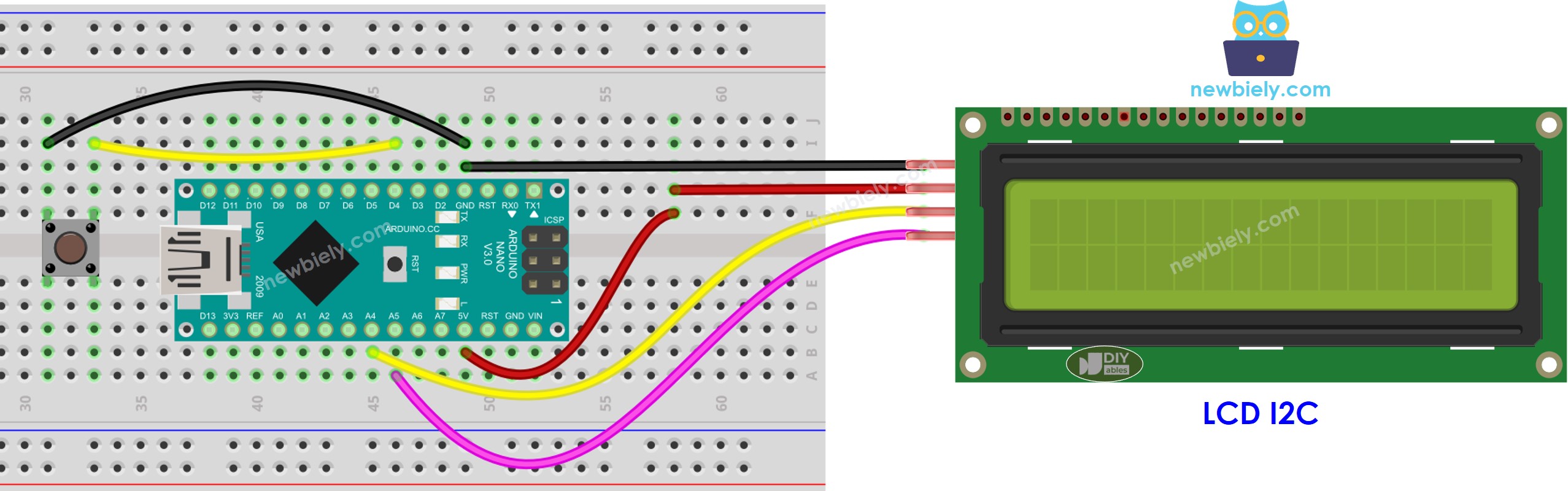 Diagrama de ligação do botão e LCD I2C com Arduino Nano