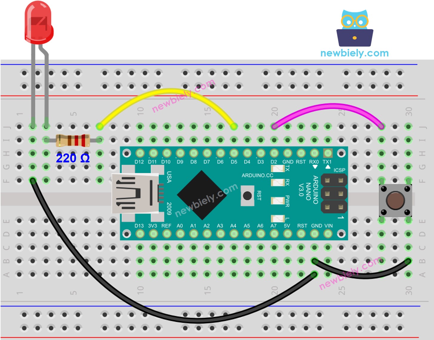 Diagrama de ligação do Arduino Nano com botão e LED