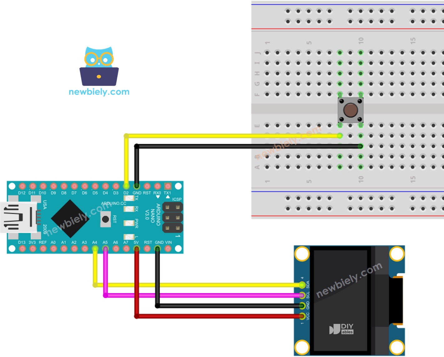 Diagrama de ligação do botão e OLED com Arduino Nano