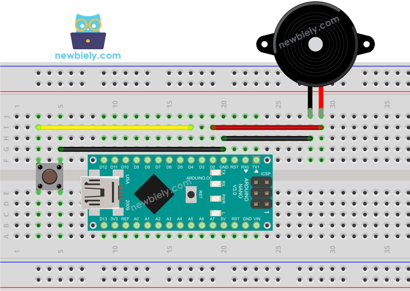 Diagrama de ligação do Arduino Nano com botão e piezo buzzer