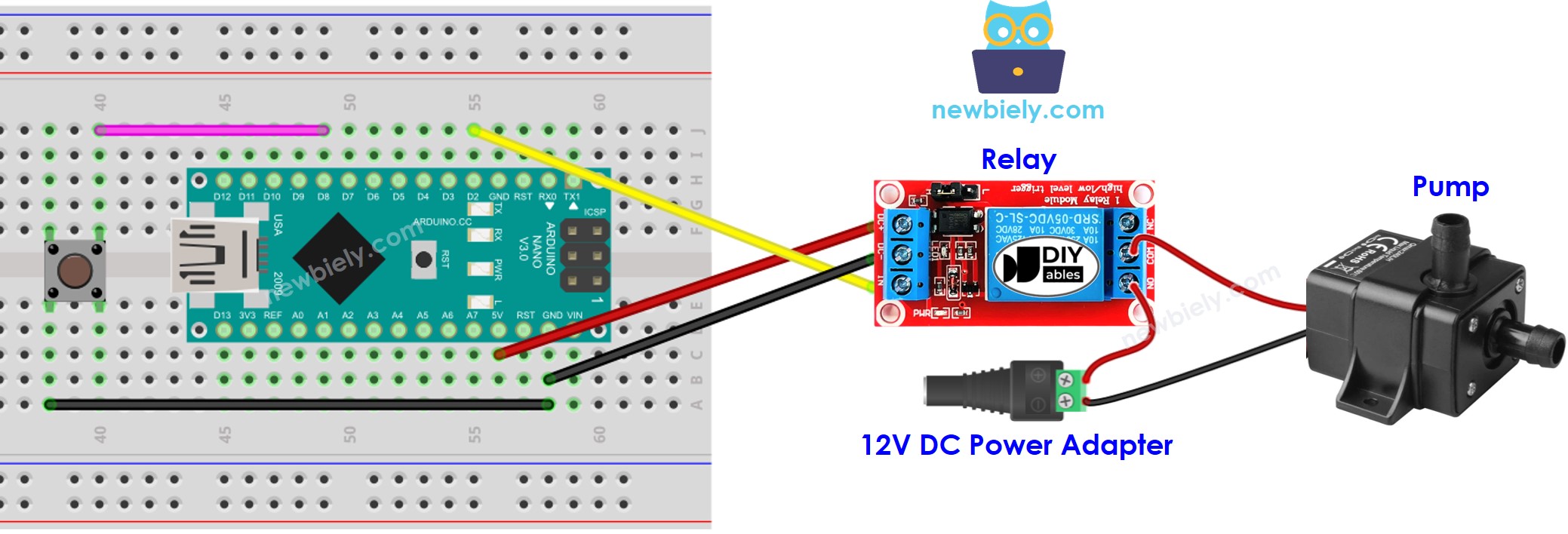 Diagrama de ligação do Botão controlando a Bomba com Arduino Nano