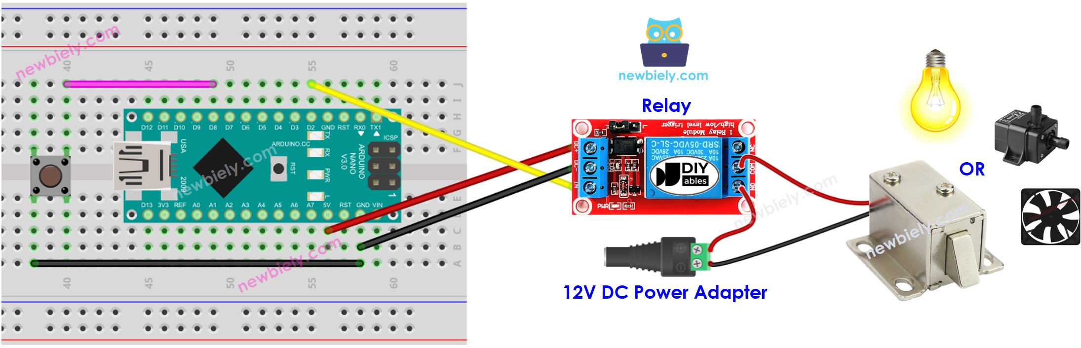 Diagrama de ligação do Arduino Nano com botão e relé