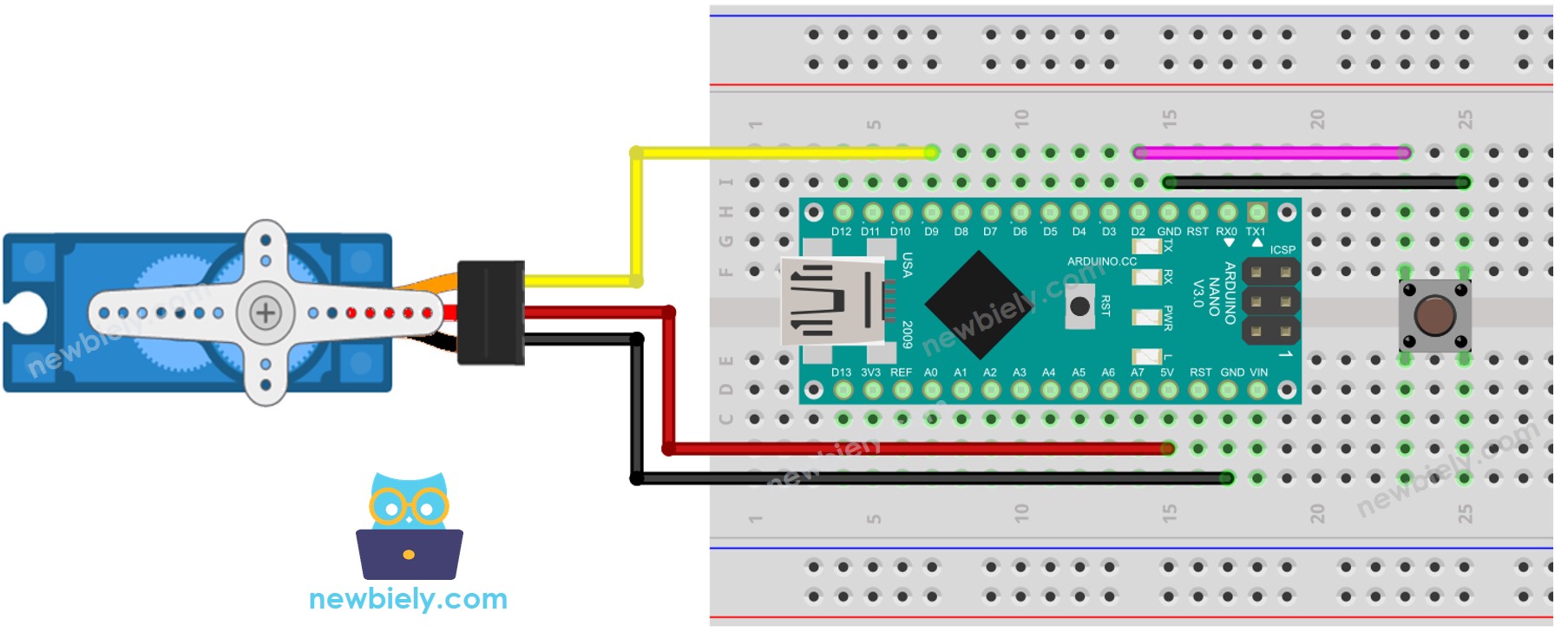 Diagrama de ligação do Arduino Nano com botão e servo motor