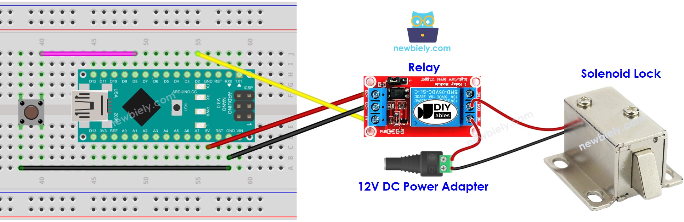 The wiring diagram between Arduino Nano and Solenoid Lock