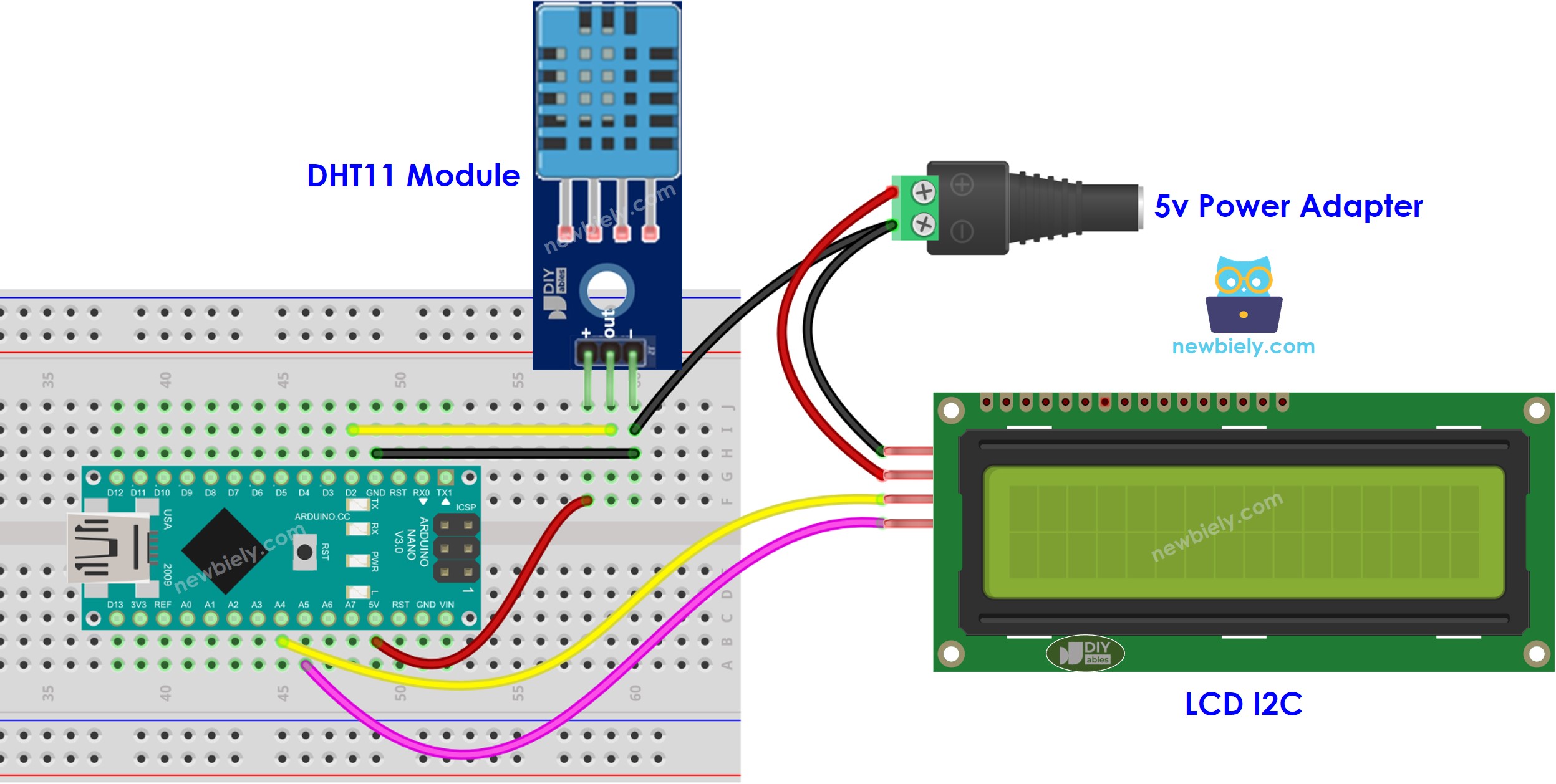 Diagrama de ligação do Arduino Nano com LCD e DHT11 com alimentação externa