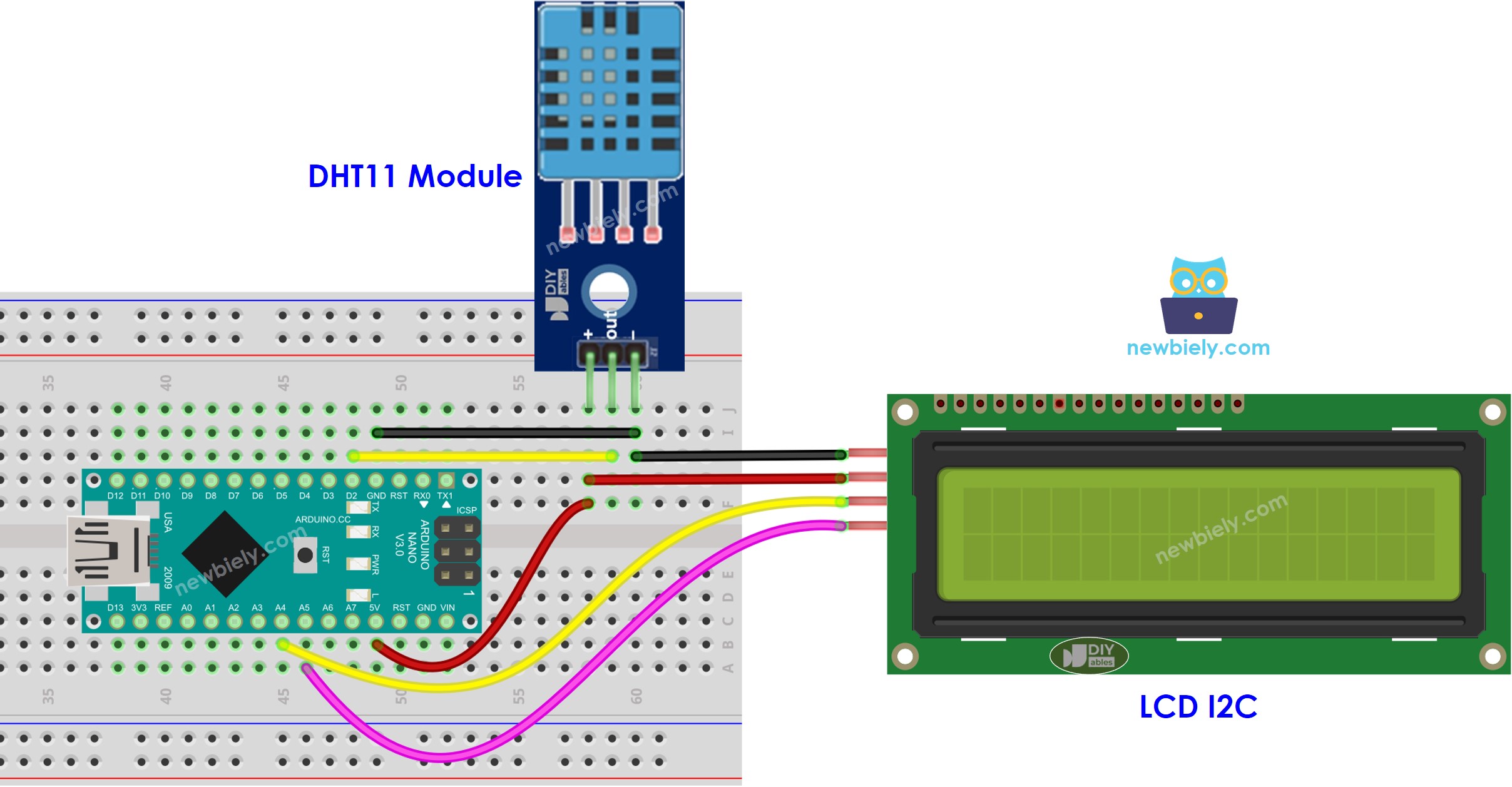 Diagrama de ligação do Arduino Nano com LCD e sensor de temperatura e umidade DHT11